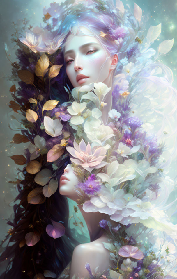Ethereal women's faces with colorful flowers in soft focus