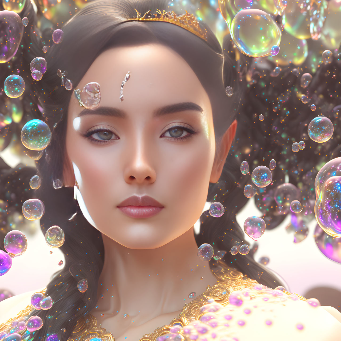Decorative headpiece on serene woman surrounded by iridescent bubbles