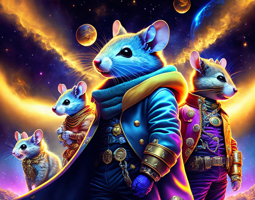 Anthropomorphic mice in stylish outfits pose in space with stars and planets.