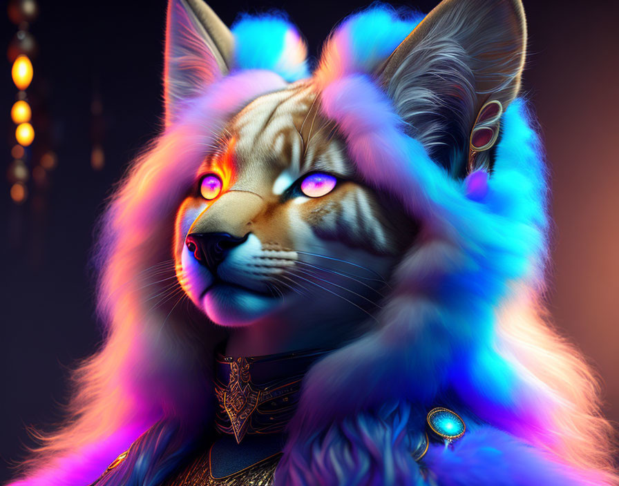Anthropomorphic feline digital art with vibrant fur and intricate jewelry