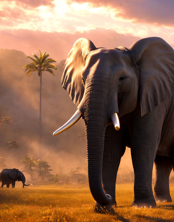 Adult elephant and calf in sunlit savannah with palm trees and golden sunset