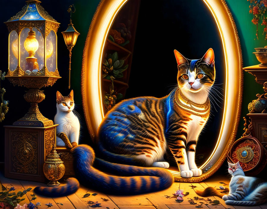 Two cats in ornate room with large mirror and Egyptian-style decorations