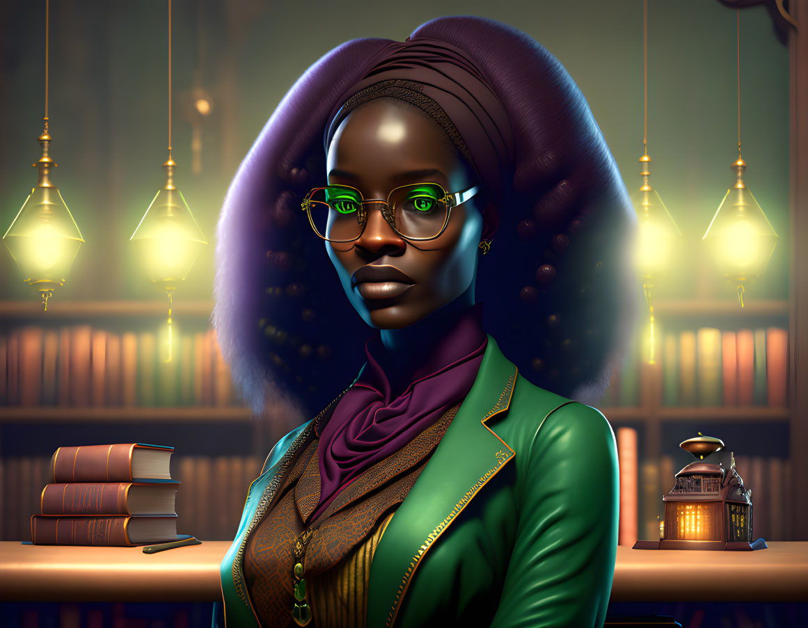Digital illustration: Confident woman with glasses and afro in library setting