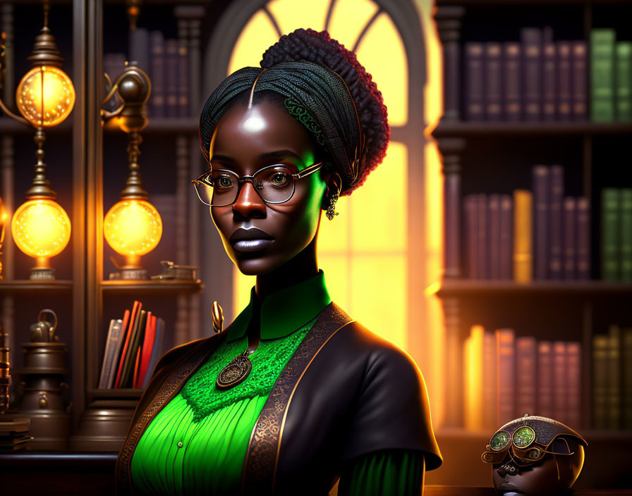 Stylized 3D illustration of woman with glasses in Victorian outfit against library backdrop
