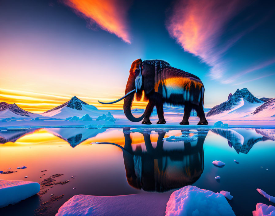 Majestic elephant by icy water with snow-covered mountains at sunrise or sunset
