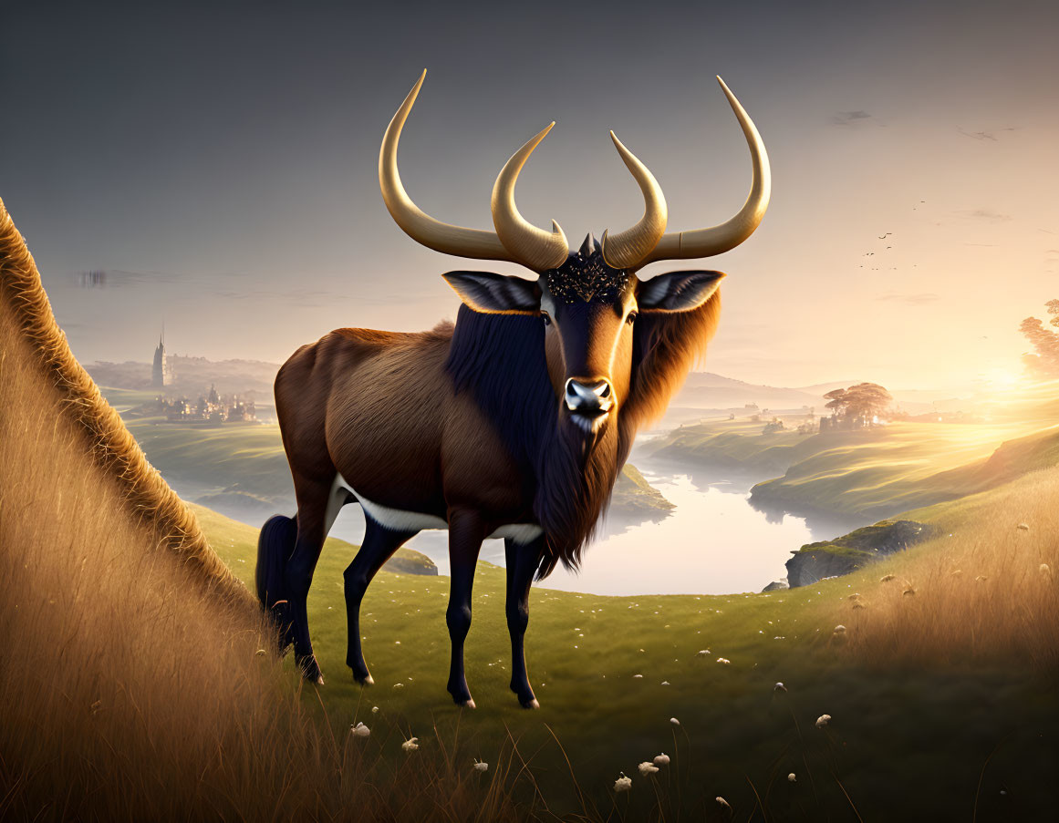 Fantasy bull with sparkling horns in serene sunrise landscape