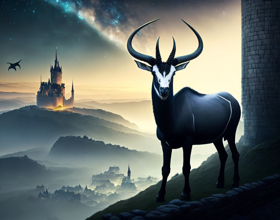 Majestic antelope with large horns in mystical landscape