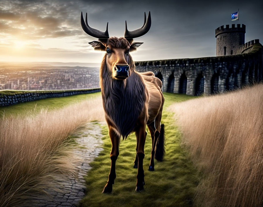 Majestic wildebeest on path with dramatic sky and tower flag