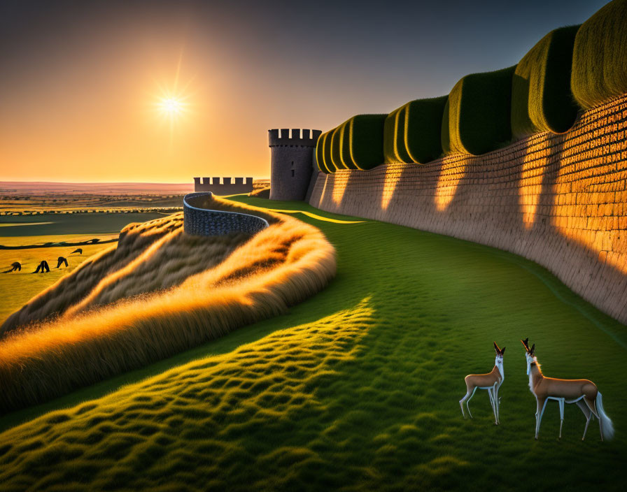 Scenic sunset view of green landscape with fortress wall, gazelles, and people under clear sky