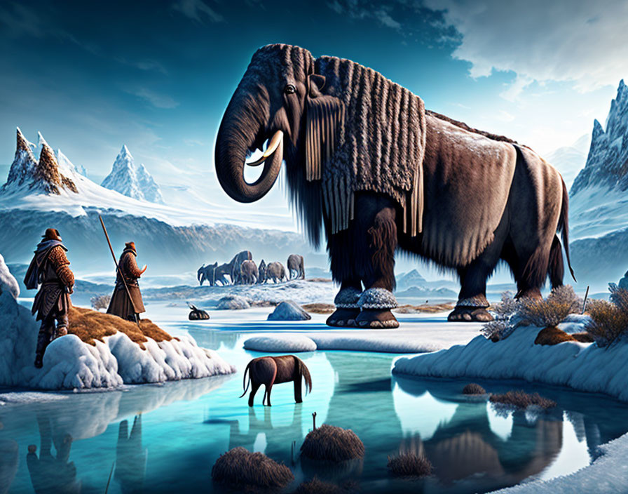 Woolly mammoths and humans in Ice Age snowscape