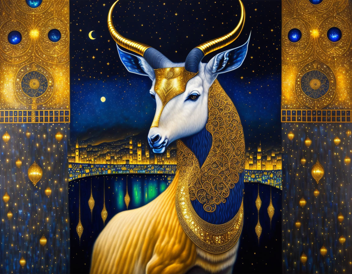 Majestic golden bull art against starry cityscape