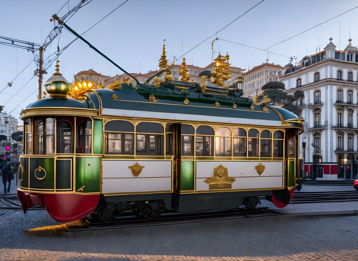 Vintage ornately decorated tram in green and white with golden accents on city square tracks at twilight