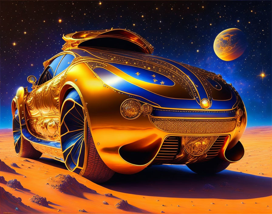 Golden futuristic car on alien planet with two moons in sky