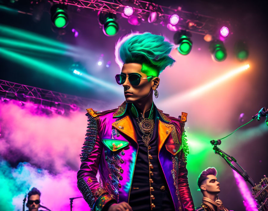 Vibrant Teal Hair, Sunglasses, and Punk Attire under Stage Lights