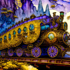 Gold-Colored Fantasy Steam Locomotive in Dreamlike Landscape