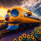 Yellow Train in Sunflower Field at Sunset