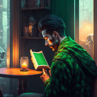 Man reading book by lantern light at table with skull near window overlooking foggy street