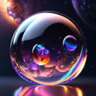 Cosmic surreal scene with reflective spheres and galaxies on dark starry background