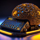 Stylized futuristic telephone with gold patterns and glowing blue buttons