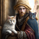 Historical man with white and ginger cat in old street scene