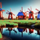 Scenic red and white windmills by a serene lake in lush green setting
