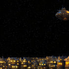 Futuristic night scene with floating cities, airships, and starry sky