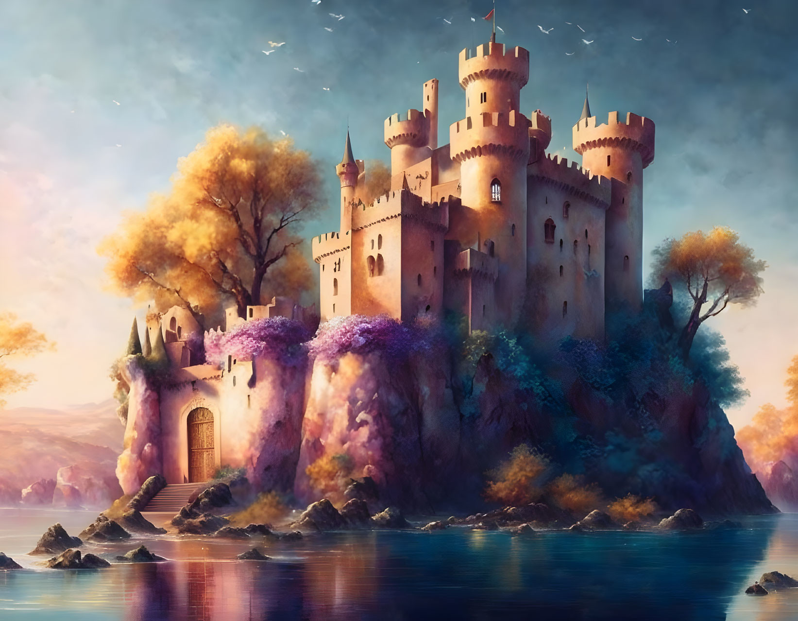 Castle on Island Surrounded by Water and Purple Flowers