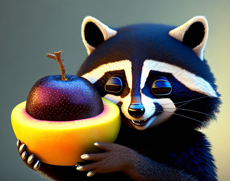 3D animated raccoon with cosmic apple on yellow doughnut
