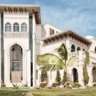 Luxurious Villa with Classic Architecture, Balconies, Columns, Arches, Palm Trees, Pool