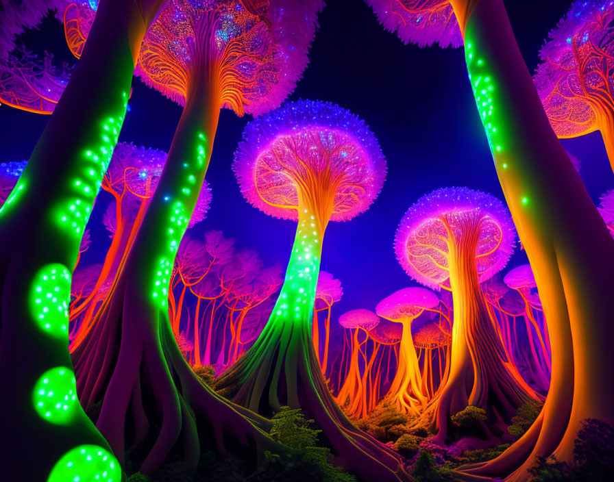 Fantastical Neon-Colored Mushroom Forest Scene