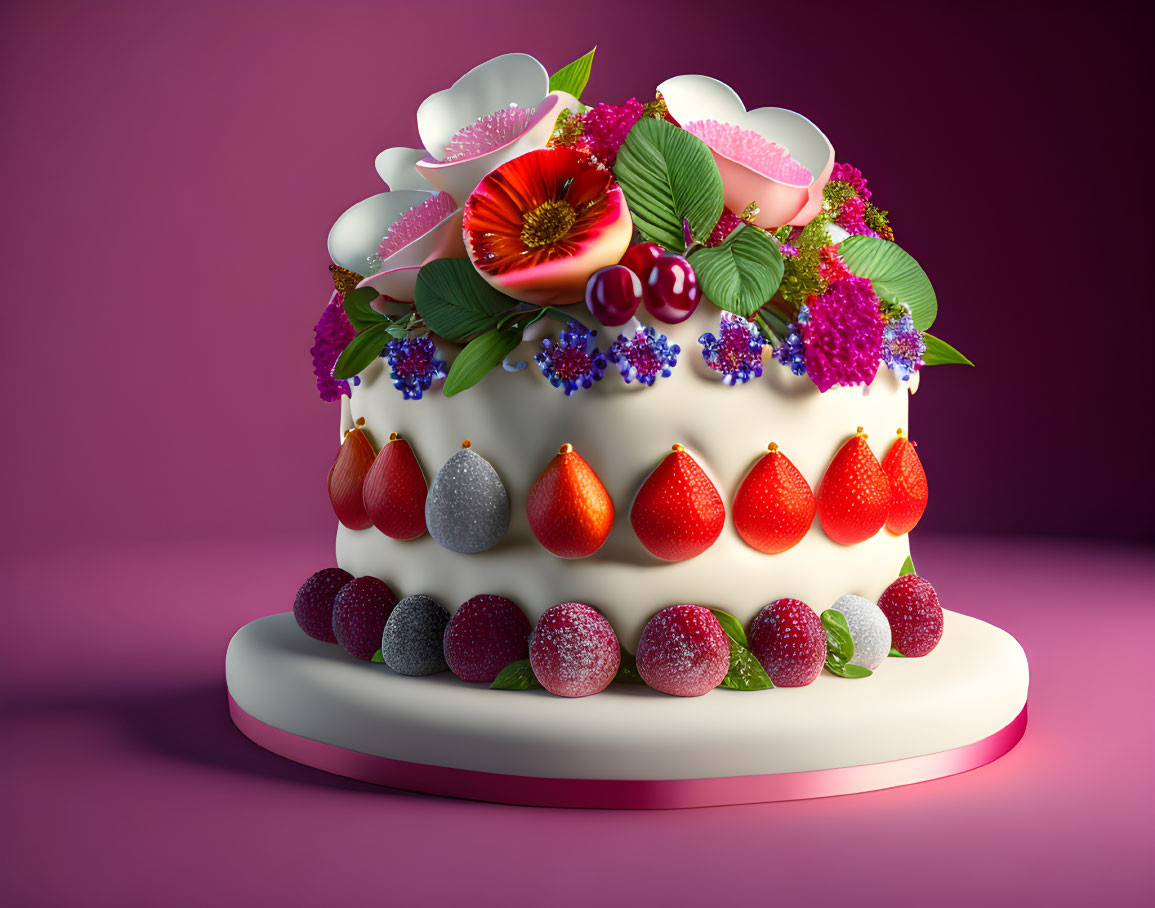 Colorful two-tiered cake with fruits, berries, and flowers on pink background