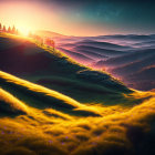 Surreal landscape with golden fields under twilight sky