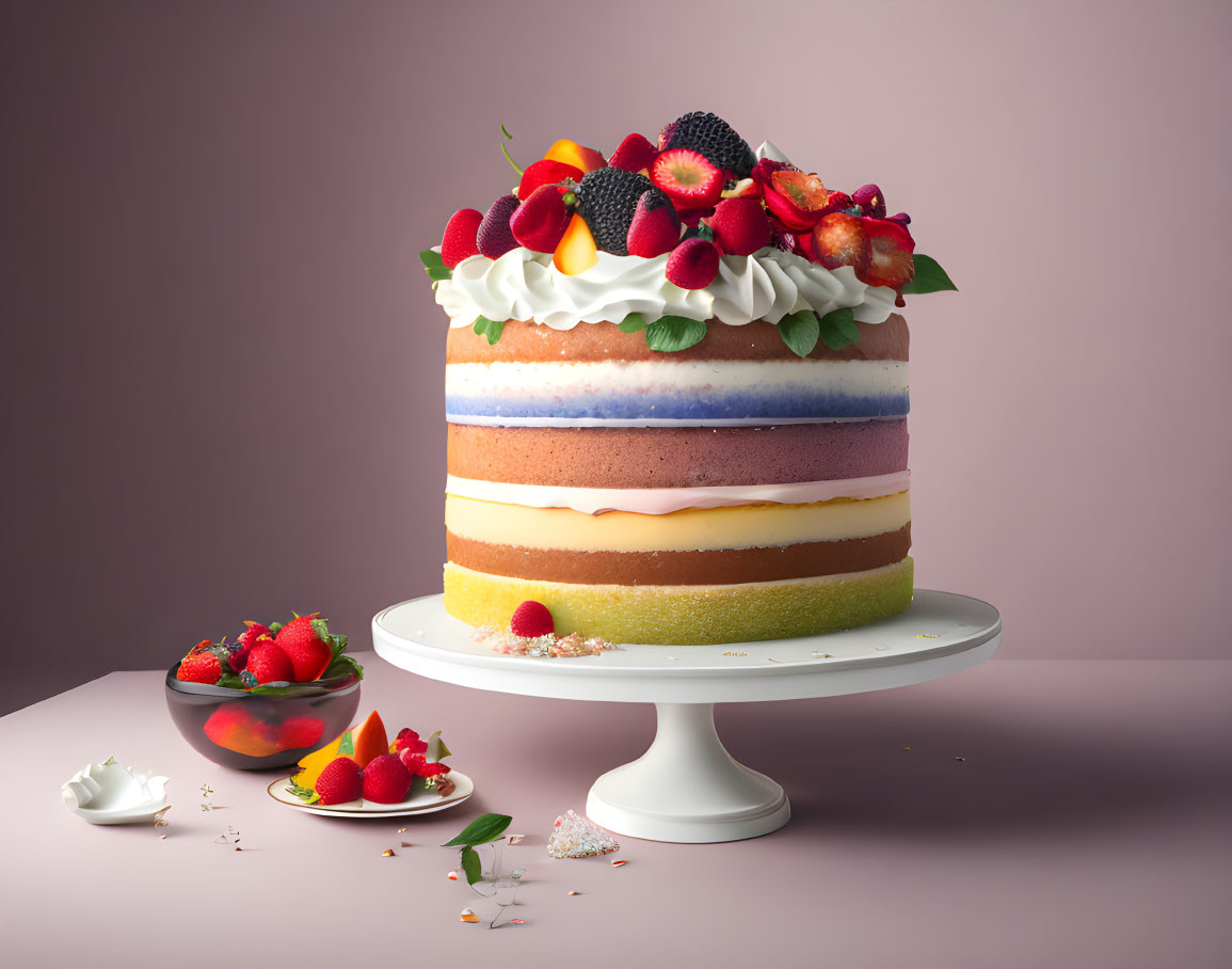 Layered fruit cake with strawberries and berries on white stand beside fruit bowls, pink background
