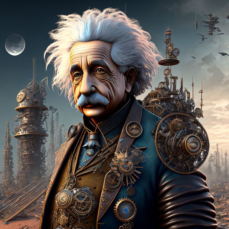 Steampunk-inspired man with mechanical structures and airships in moonlit sky