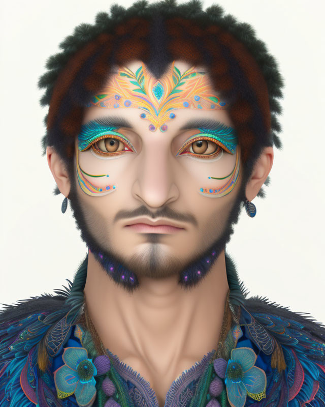 Digital portrait of person with peacock feather face paint, blue eye makeup, and floral garment