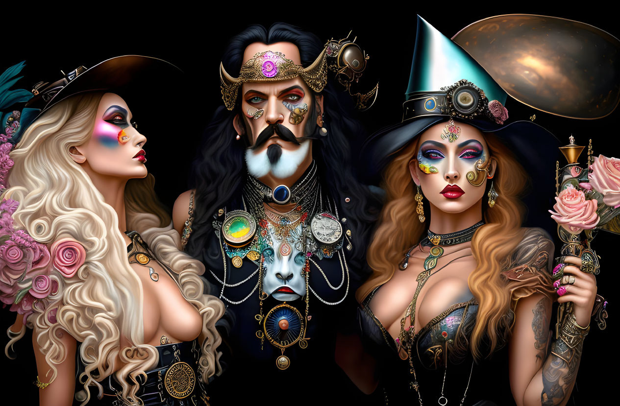Elaborately Dressed Fantasy Characters with Steampunk and Magical Accessories