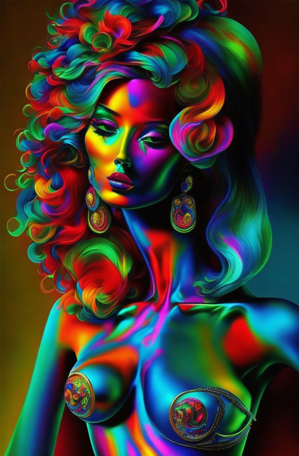 Colorful artwork of woman with flowing hair and psychedelic patterns.