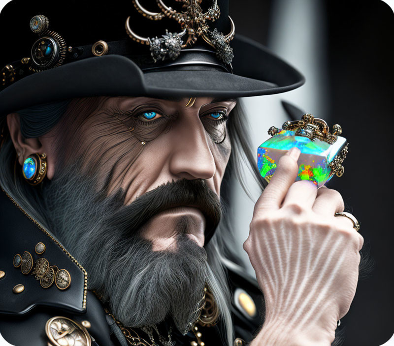 Bearded man in steampunk attire holding glowing blue gemstone