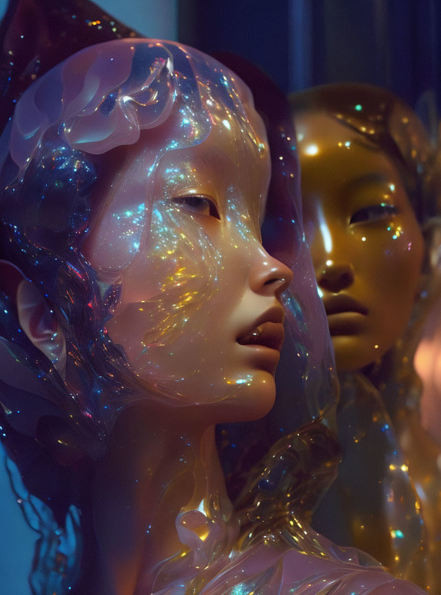 Glossy mannequin-like figures with celestial patterns in blue light