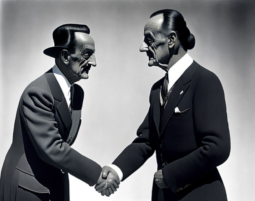 Identically dressed men with exaggerated facial features shaking hands