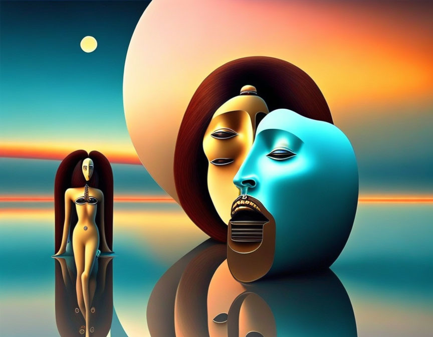 Surreal artwork: Woman, stylized faces, colorful sky, water horizon