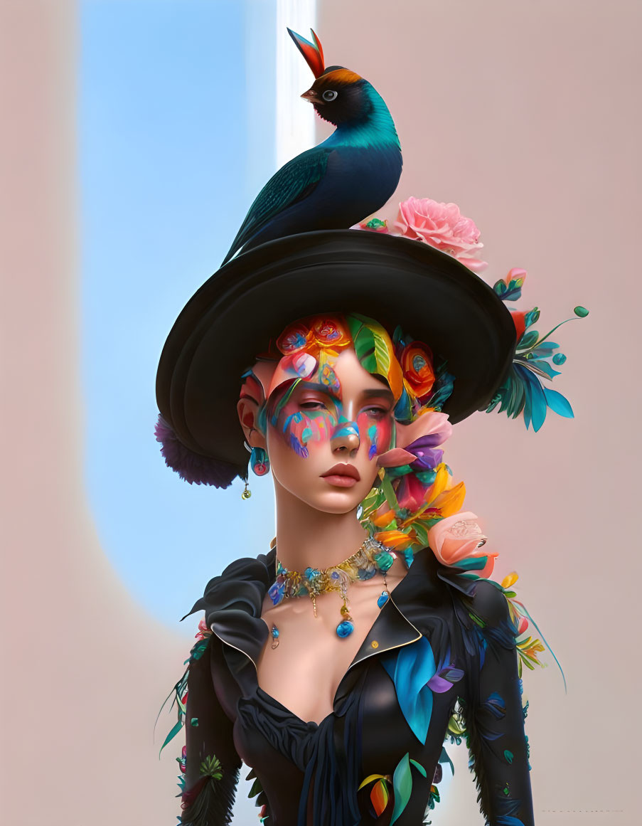 Colorful portrait of woman with floral face paint, bird hat, and ornate jewelry on pastel