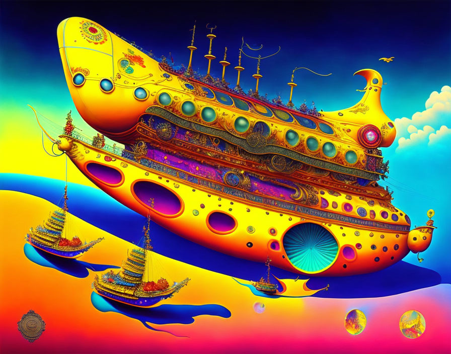 Colorful Psychedelic Submarine Ship Sailing in Surreal Ocean