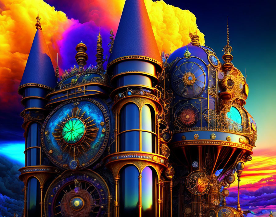 Fantastical steampunk castle against orange sky