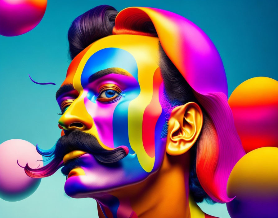 Colorful surreal portrait blending into abstract shapes on blue backdrop