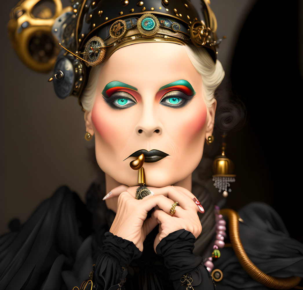 Elaborate portrait of a woman with vibrant makeup and ornate jewelry