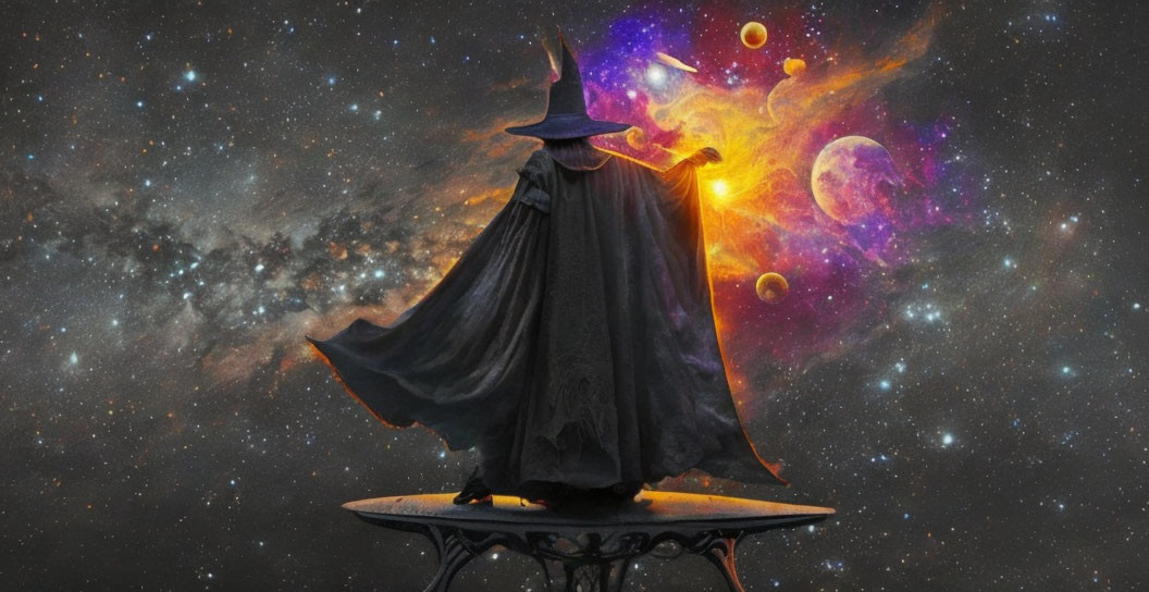 Cloaked Figure on Platform Against Cosmic Backdrop of Stars