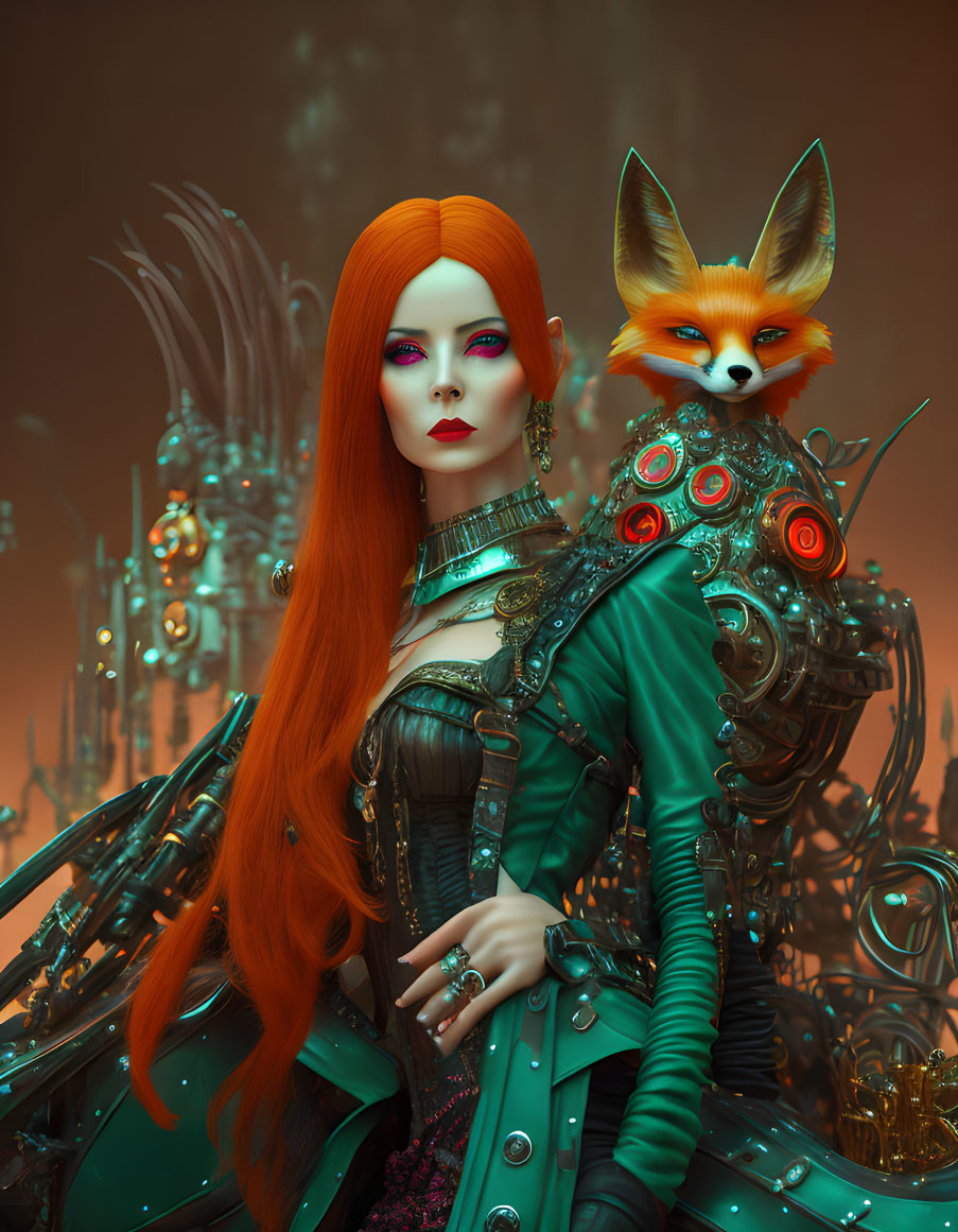 Red-haired woman in Victorian dress with mechanical elements holding orange fox