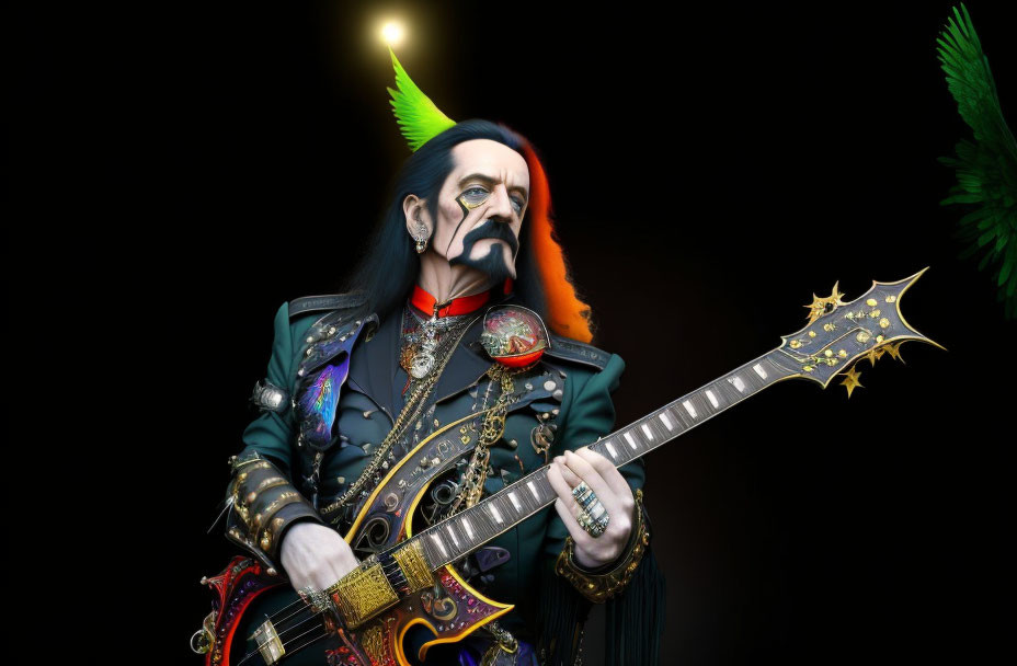 Colorful Mohawk Punk Guitarist in Vibrant Attire on Dark Background