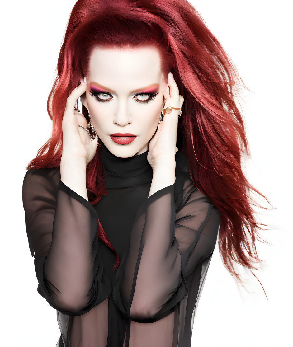 Striking Red-Haired Woman in Sheer Black Top Portrait